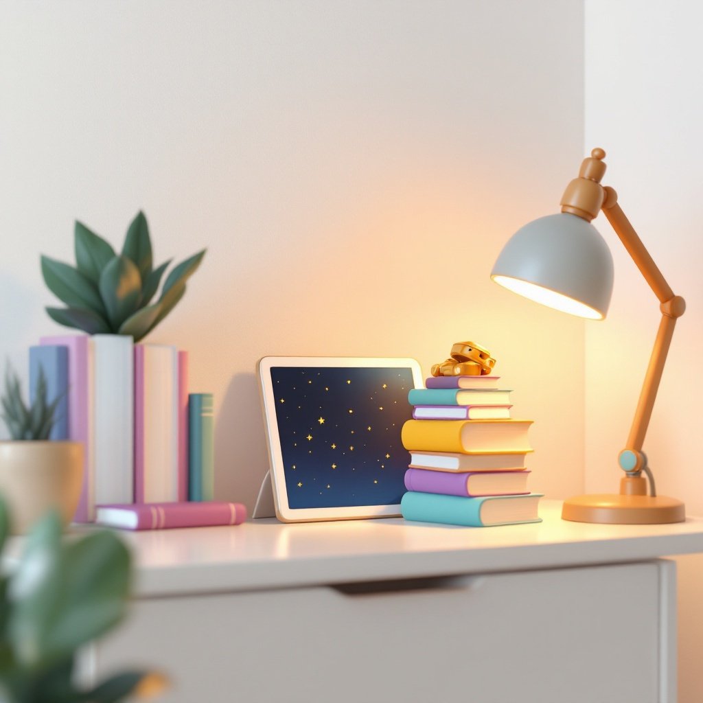 A cosy home learning corner with books and a tablet